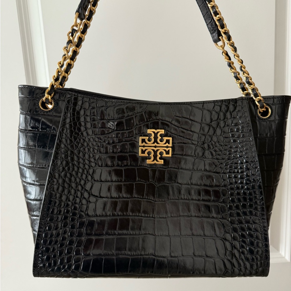 Tory Burch Black and Gold Shoulder Bag with Croc Embossing